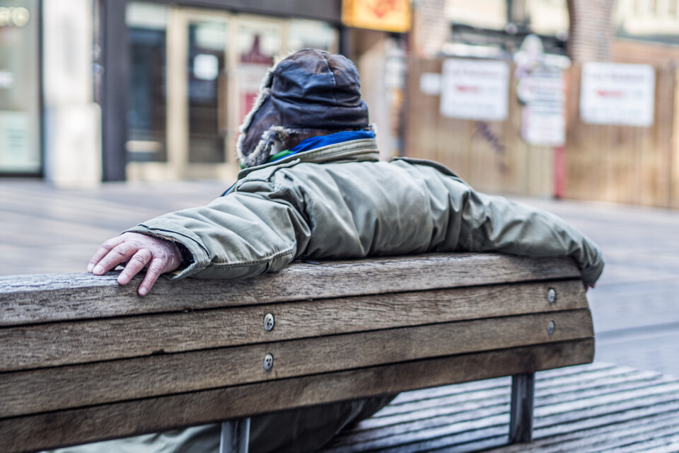 OLYMPUS DIGITAL CAMERA Eine Person in dicker Jacke und Mütze sitzt mit ausgestreckten Armen auf einer Holzbank, mit dem Rücken zur Kamera.